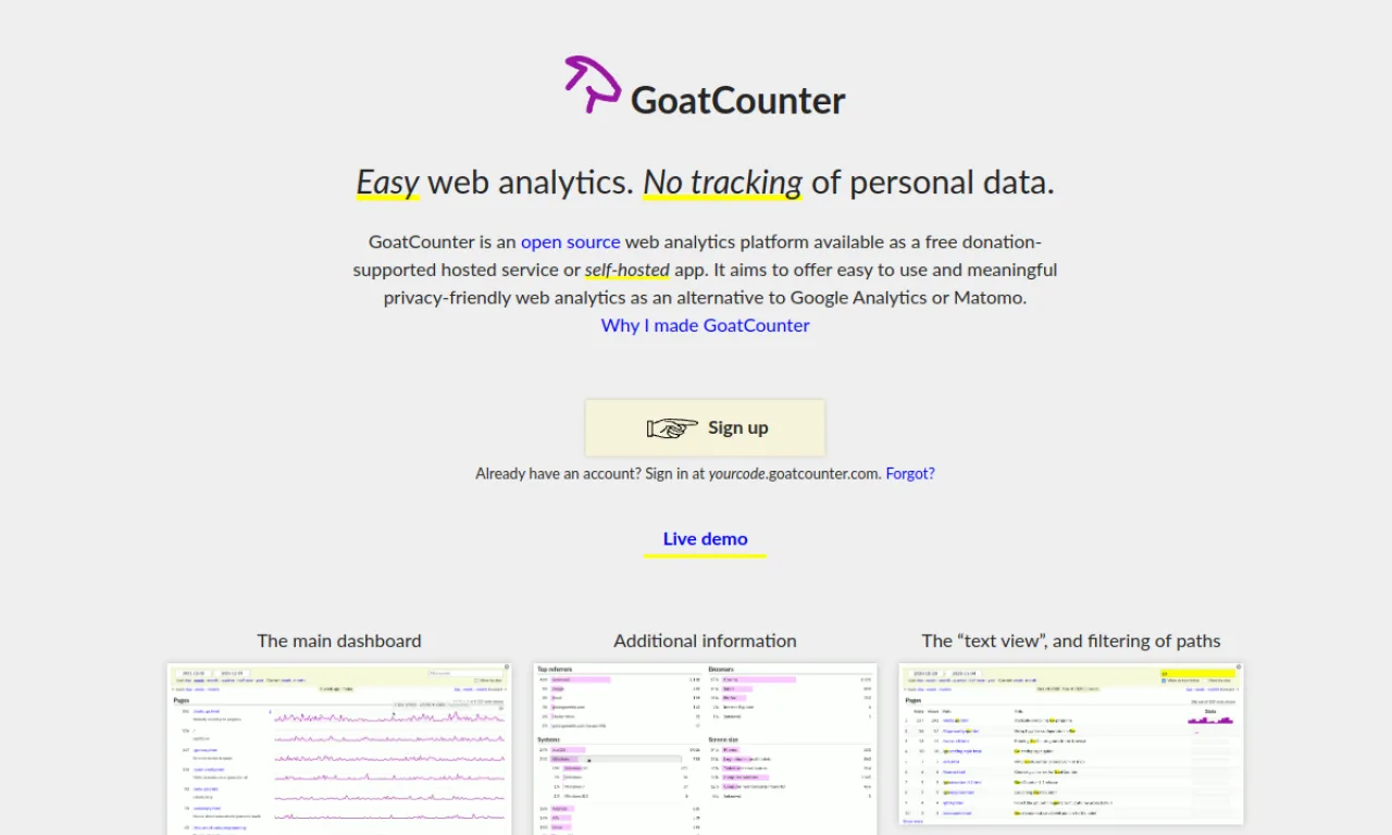 Screenshot of Counter / GoatCounter website