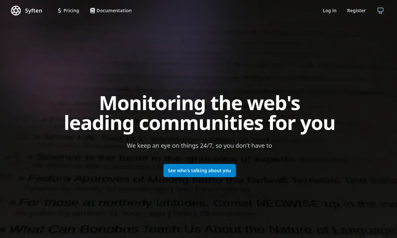 Screenshot of Syften website