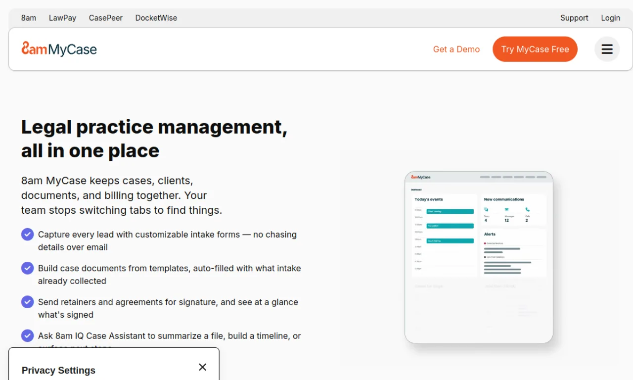 Screenshot of MyCase website