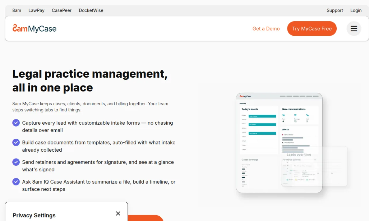 Screenshot of MyCase website