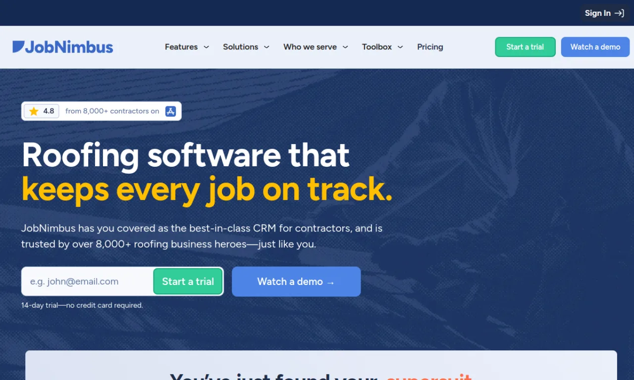 Screenshot of JobNimbus website