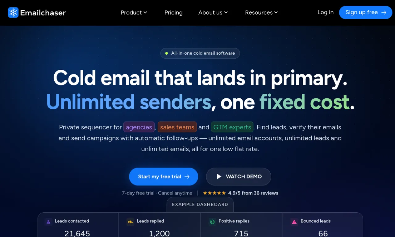 Screenshot of Emailchaser website