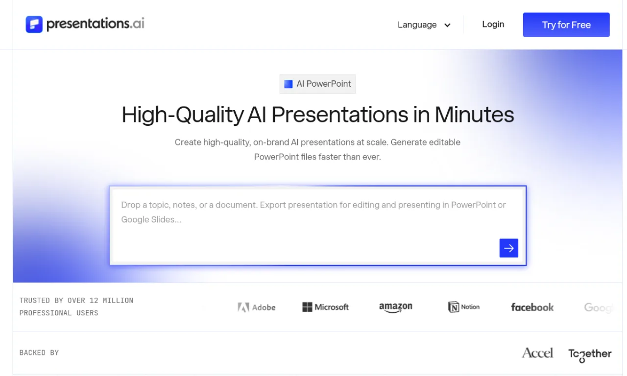 Screenshot of Presentations.ai website