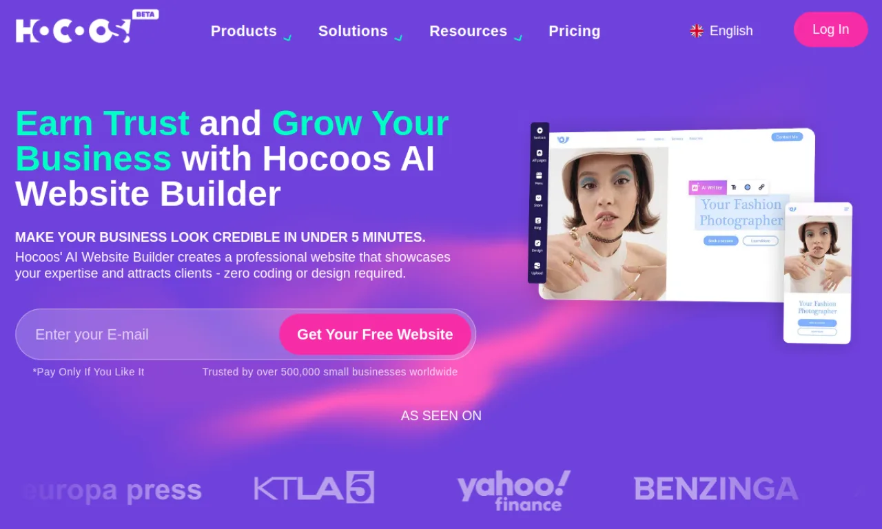 Screenshot of Hostinger Zyro / Hocoos website