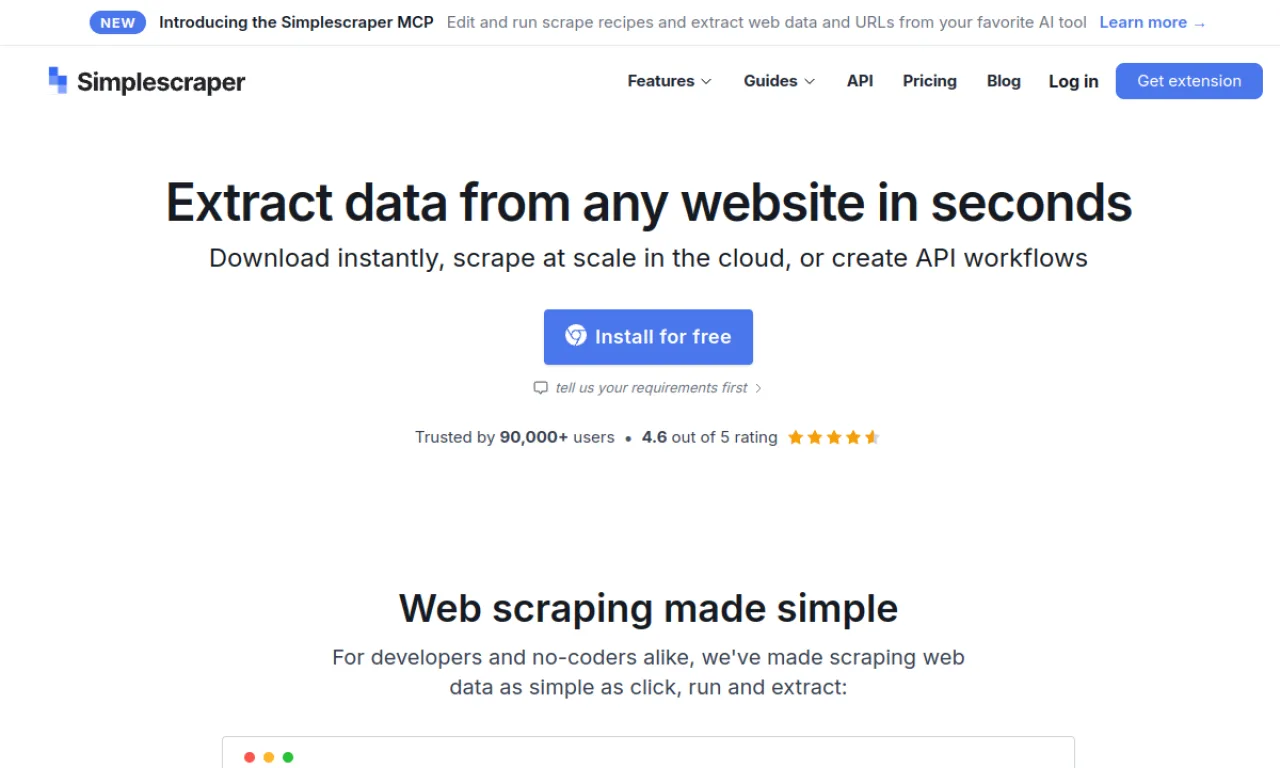 Screenshot of Simplescraper website