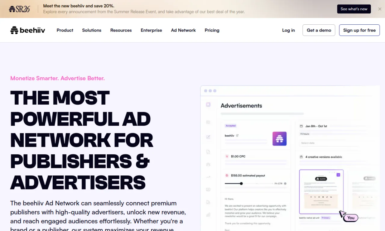 Screenshot of Beehiiv Ad Network website