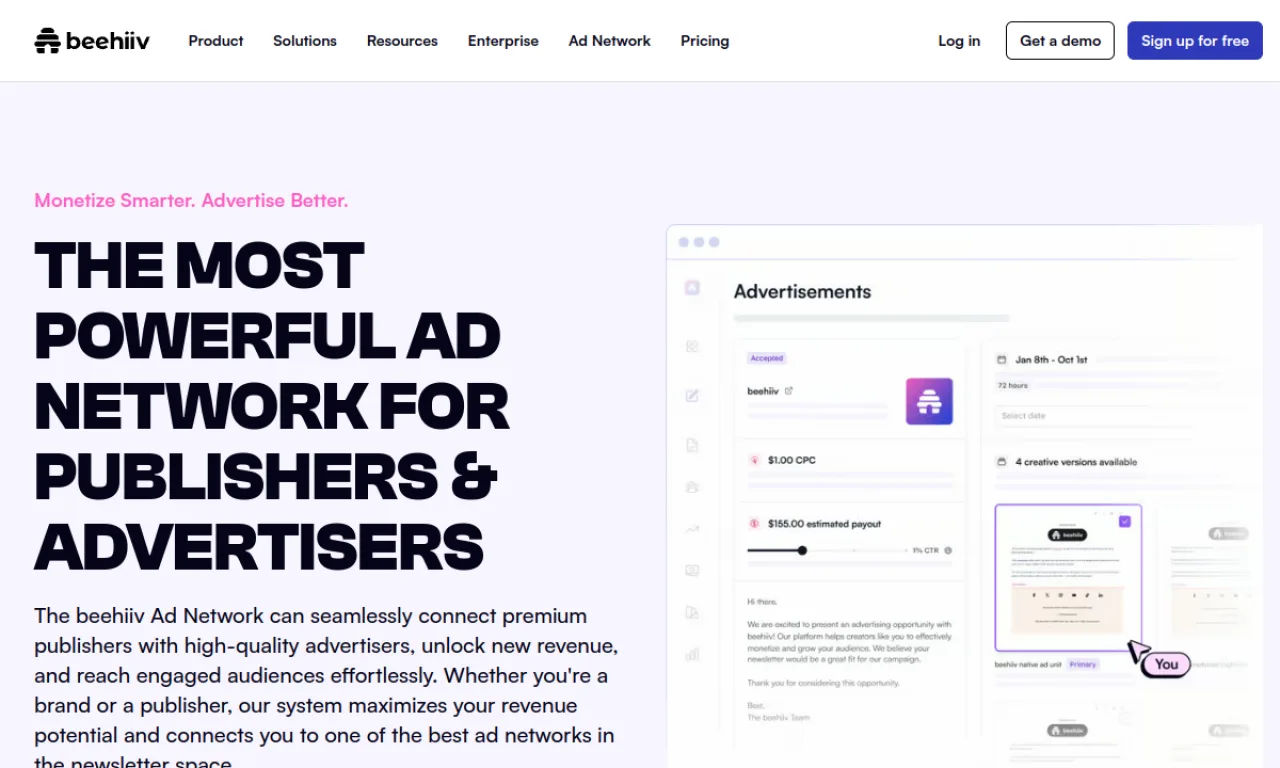 Screenshot of Beehiiv Ad Network website