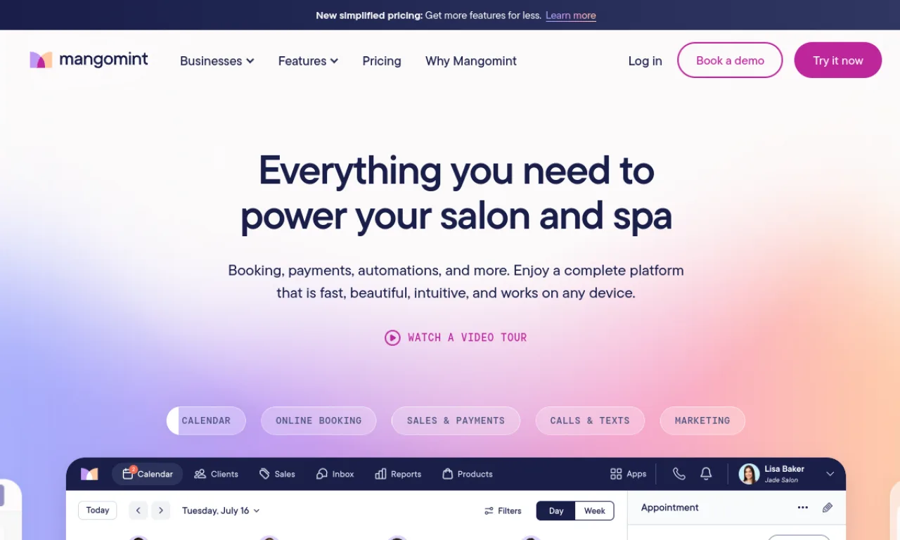 Screenshot of Mangomint website