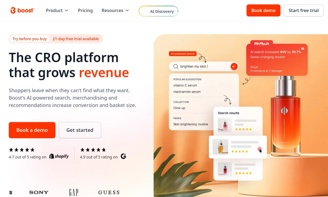 Screenshot of Boost AI Search & Discovery website