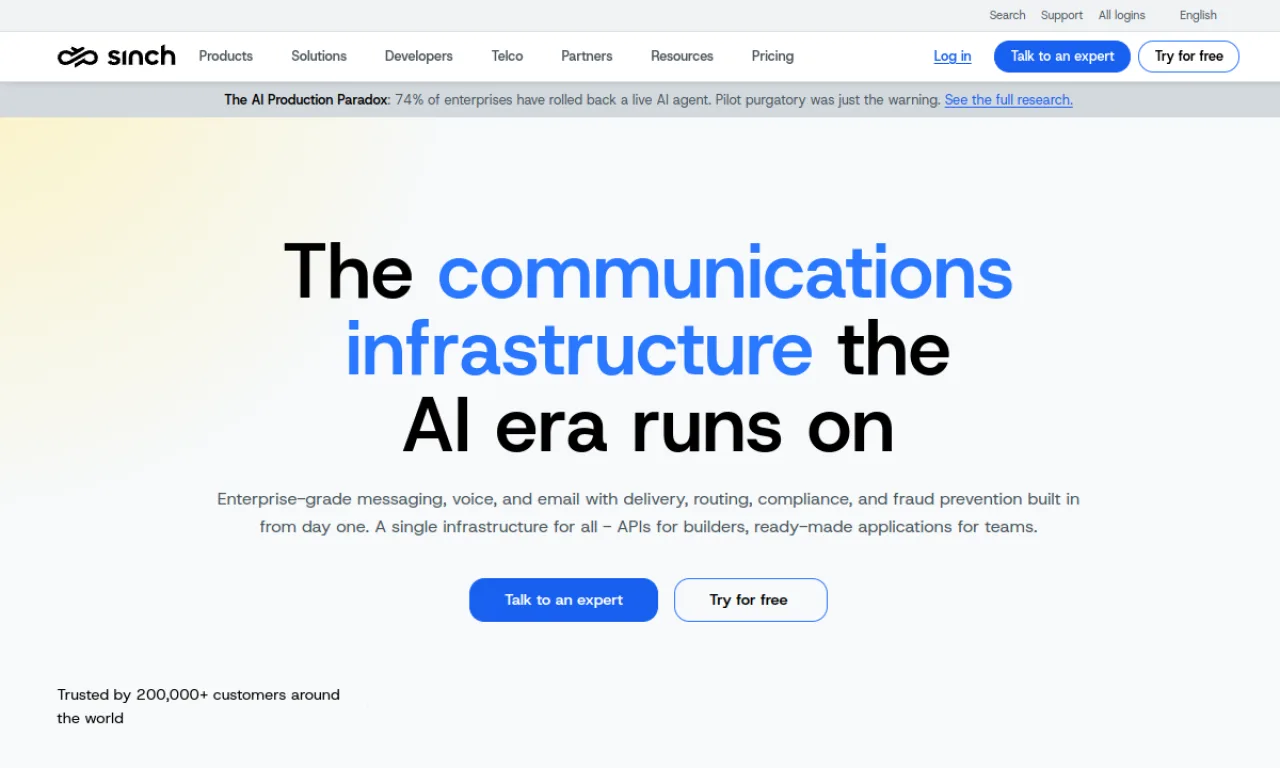 Screenshot of Sinch website