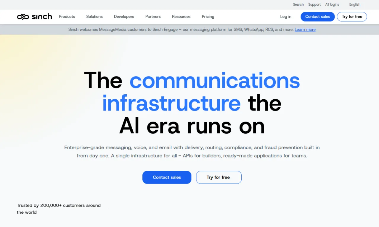 Screenshot of Sinch website