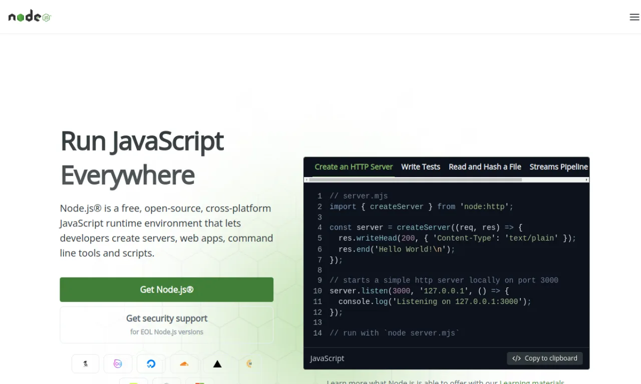 Screenshot of Node.js website