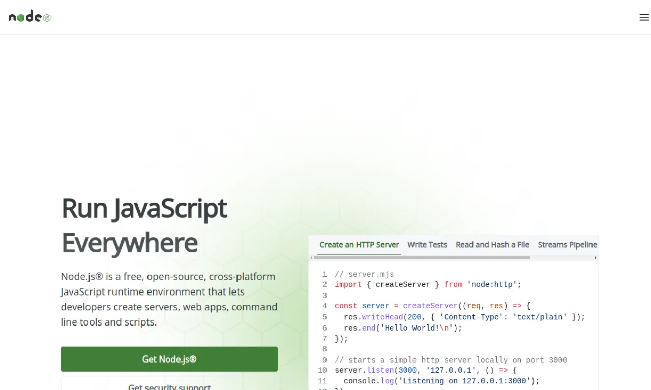Screenshot of Node.js website