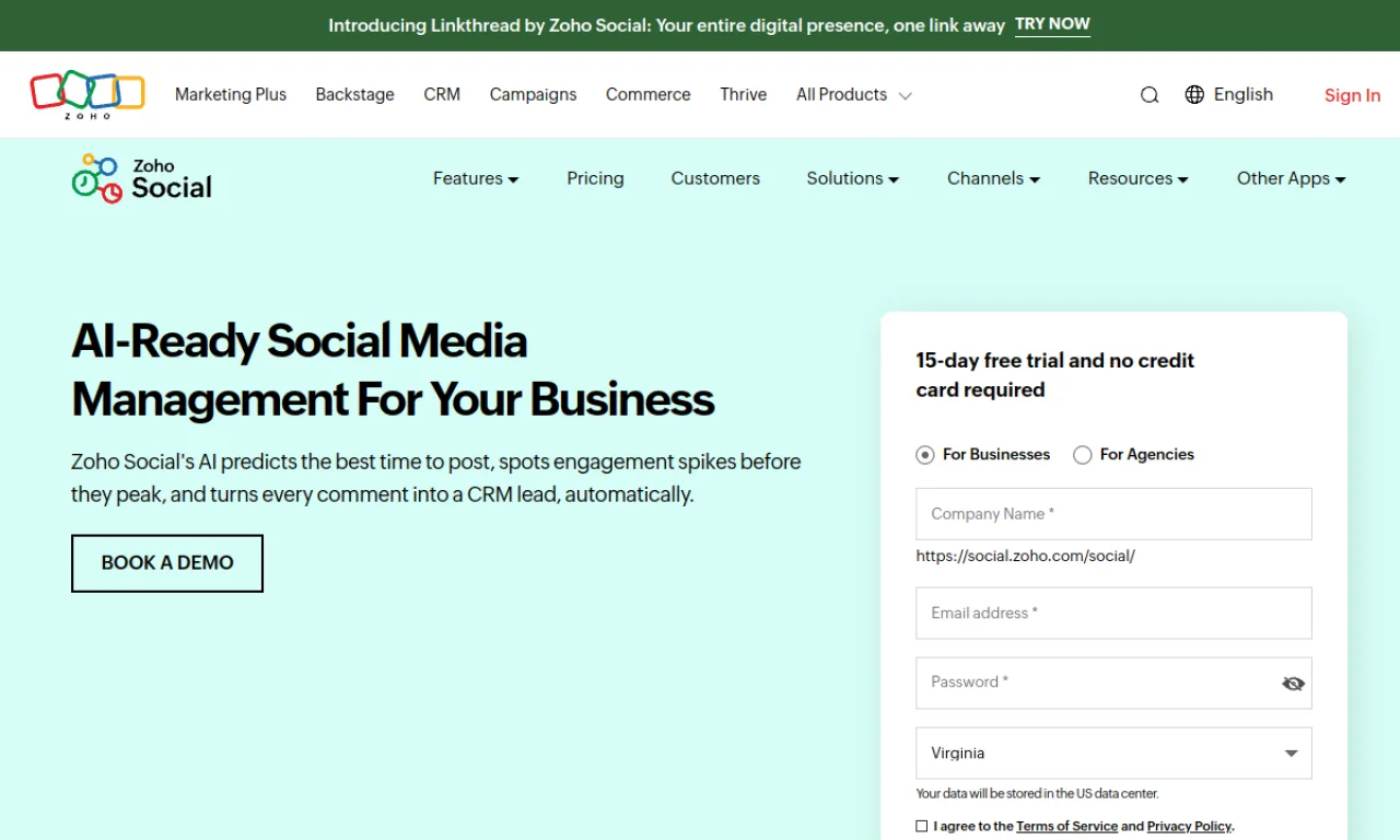 Screenshot of Zoho Social website