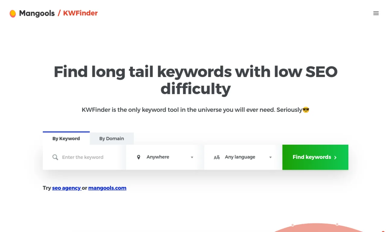 Screenshot of Mangools KWFinder website