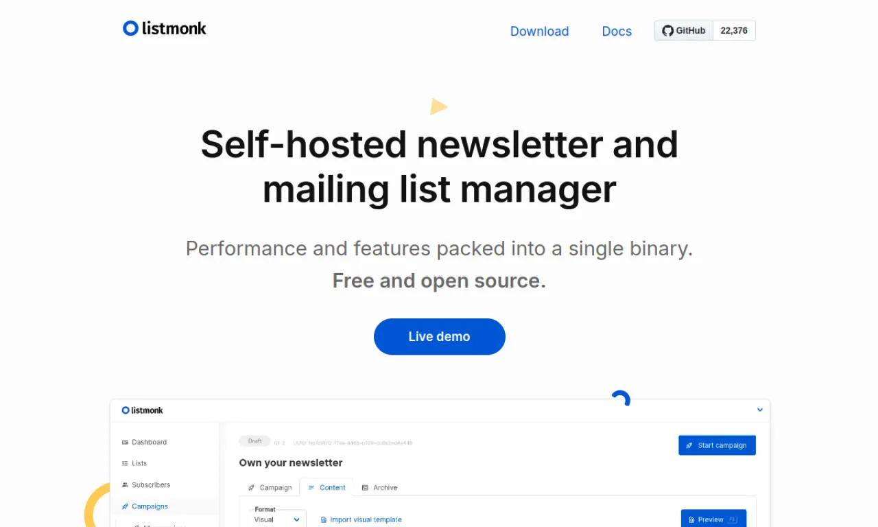 Screenshot of Listmonk website