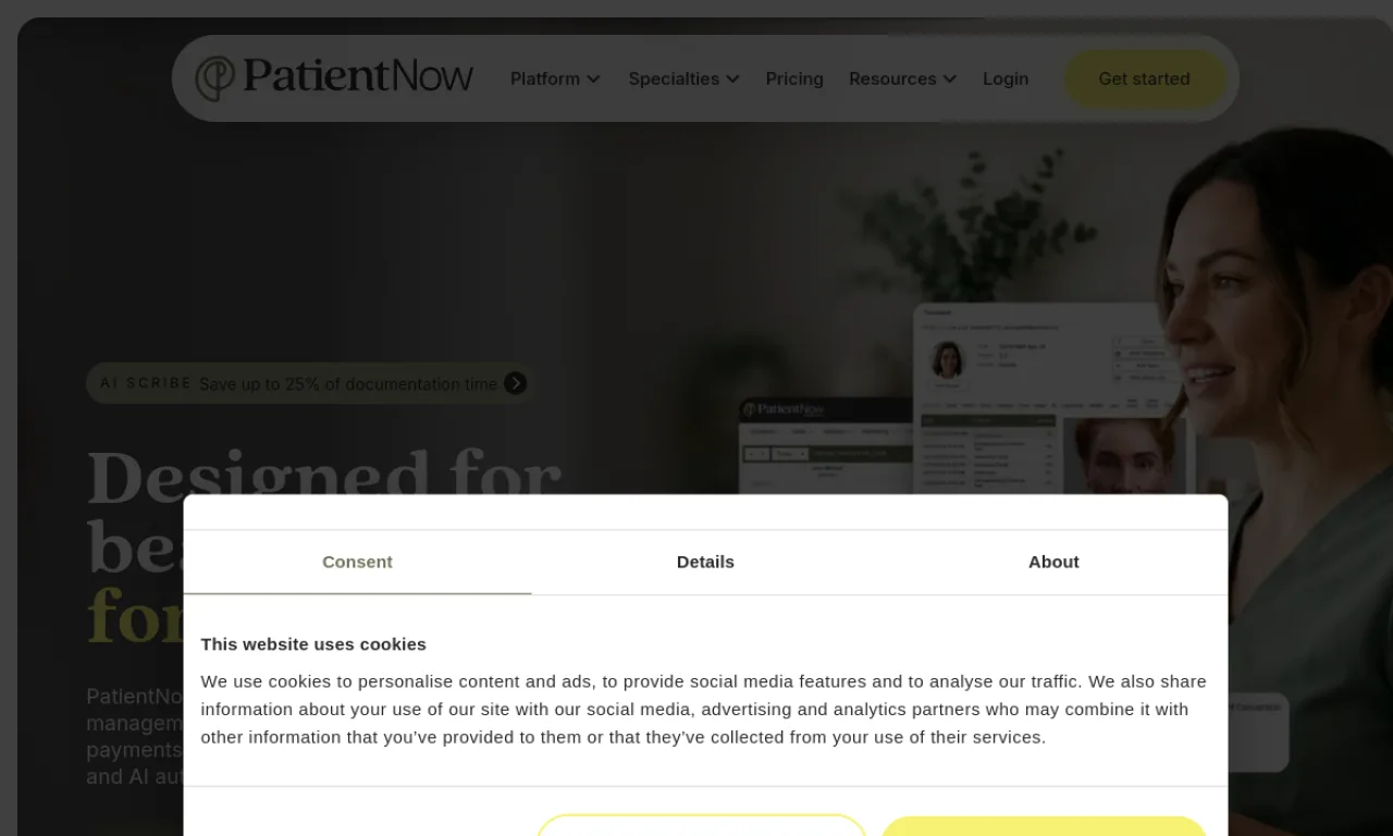 Screenshot of PatientNow website