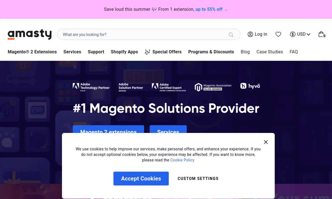 Screenshot of Amasty website