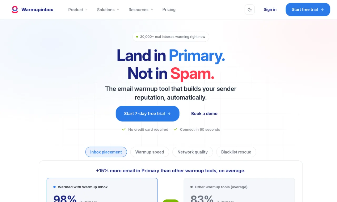 Screenshot of Warmup Inbox website