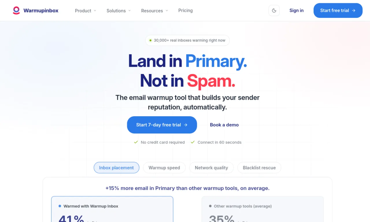 Screenshot of Warmup Inbox website