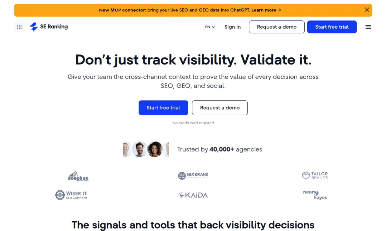 Screenshot of SE Ranking Agency / Agency tools website
