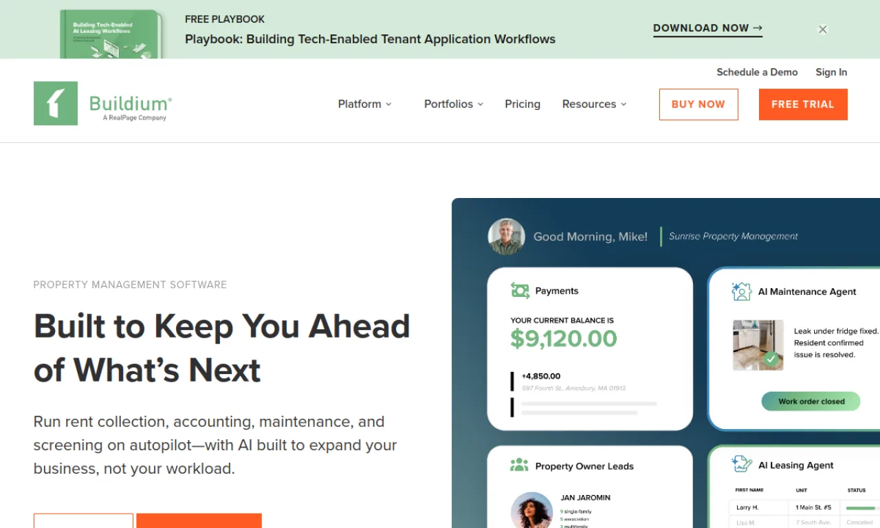 Screenshot of Buildium website