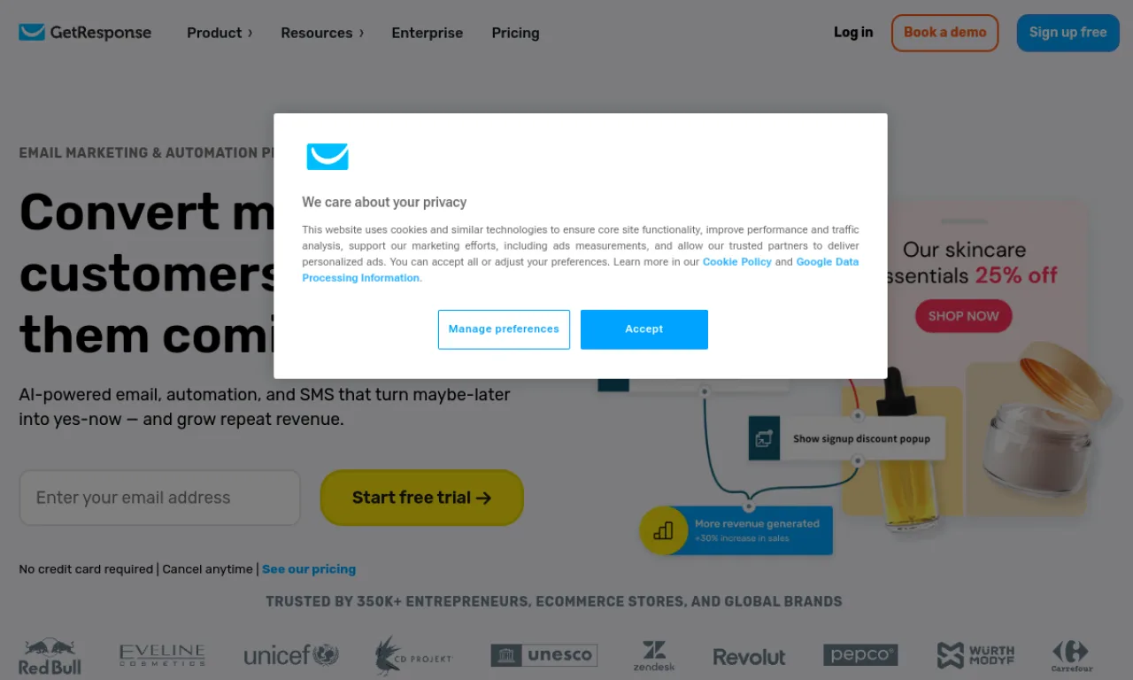 Screenshot of GetResponse website