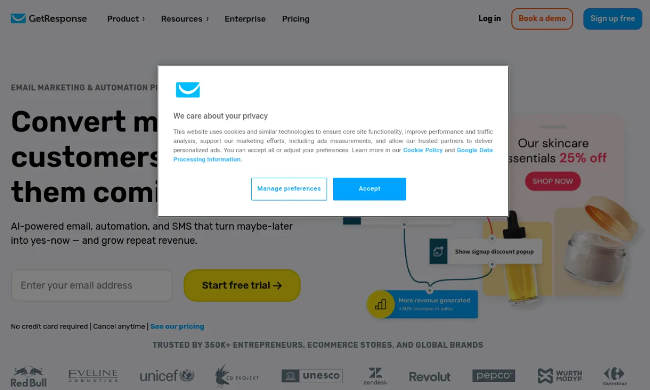 Screenshot of GetResponse website