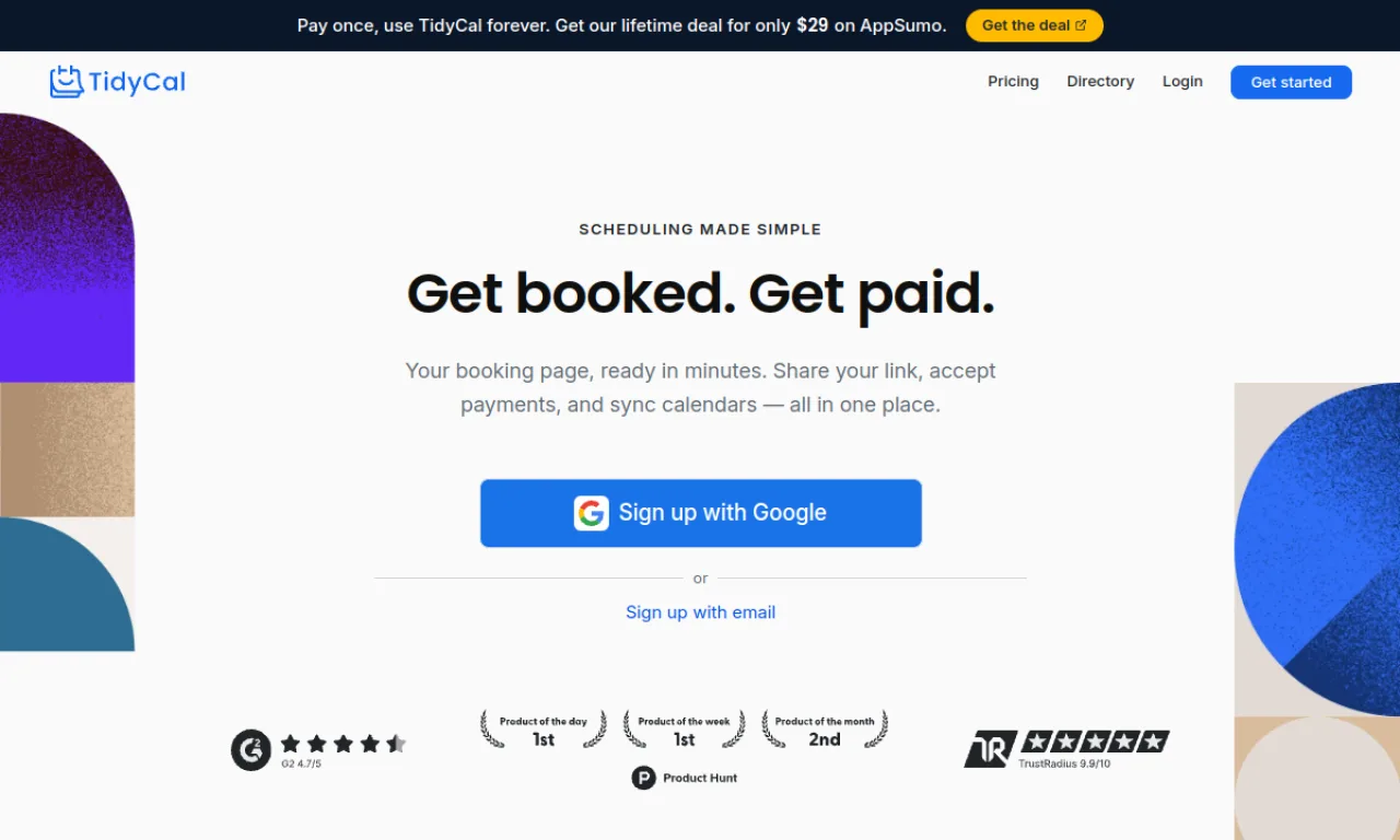 Screenshot of TidyCal website