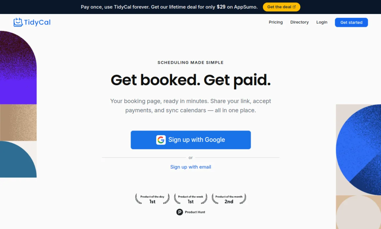 Screenshot of TidyCal website