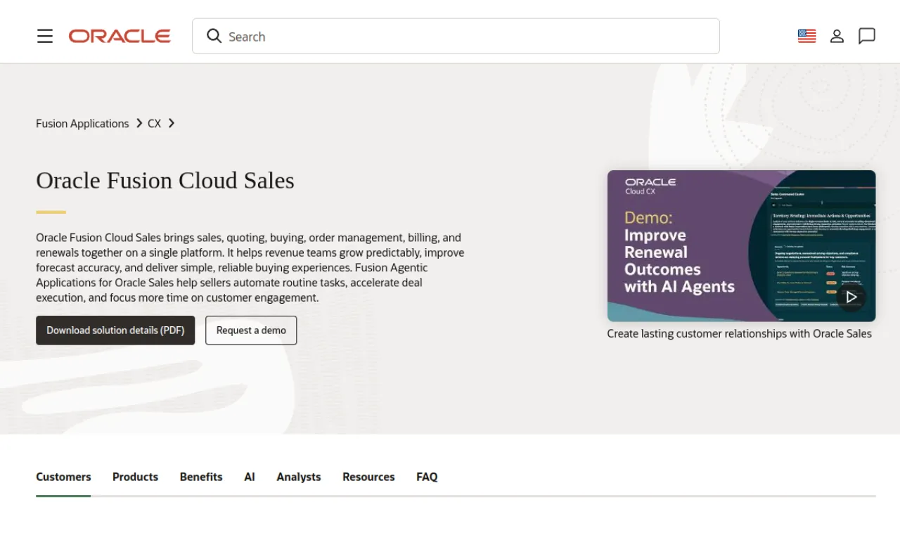 Screenshot of Oracle CX Sales website