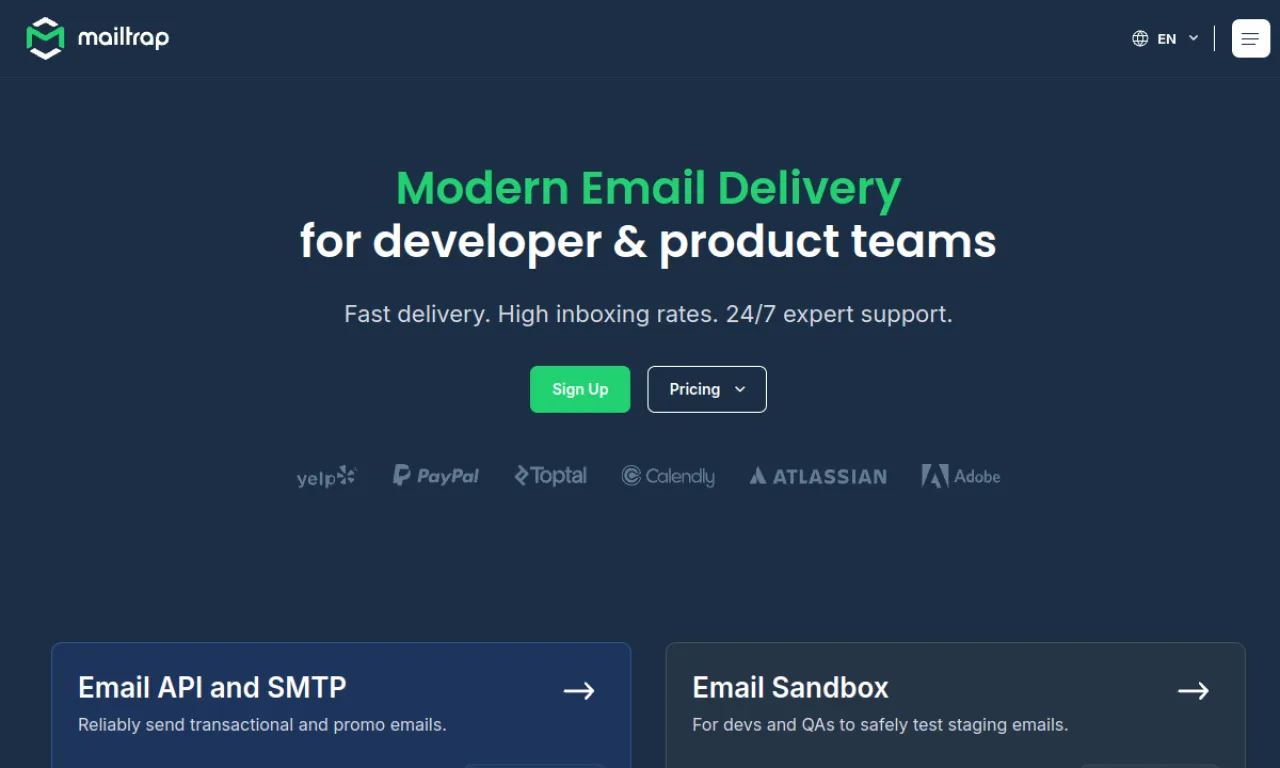 Screenshot of Mailtrap website