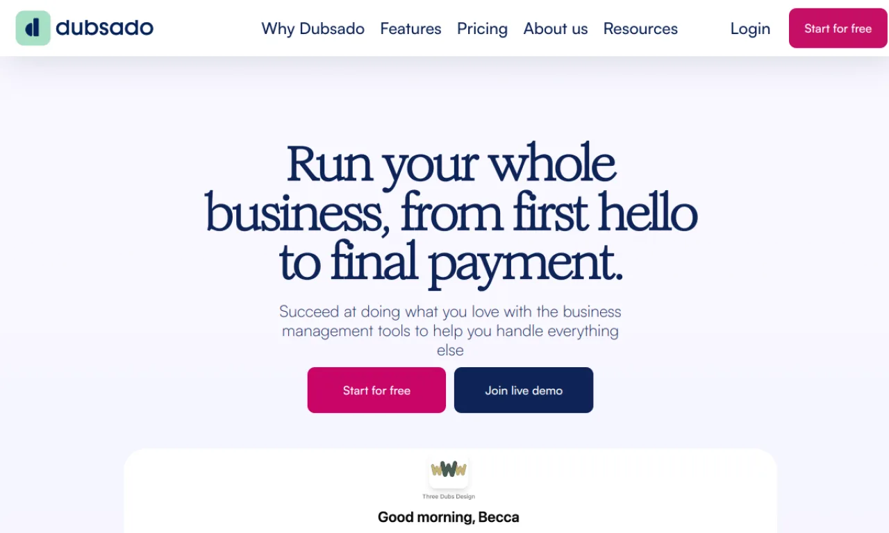 Screenshot of Dubsado website