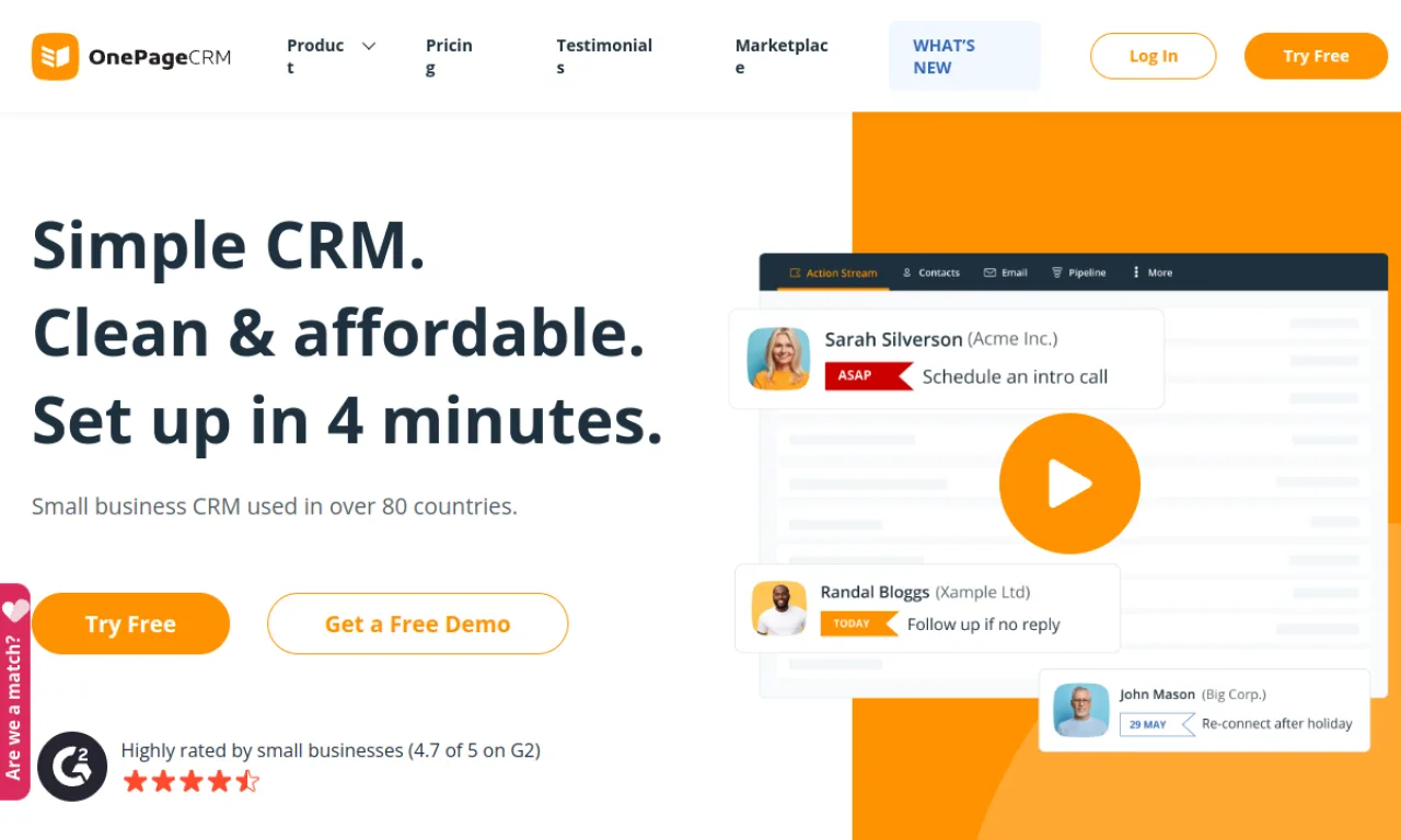 Screenshot of OnePageCRM website