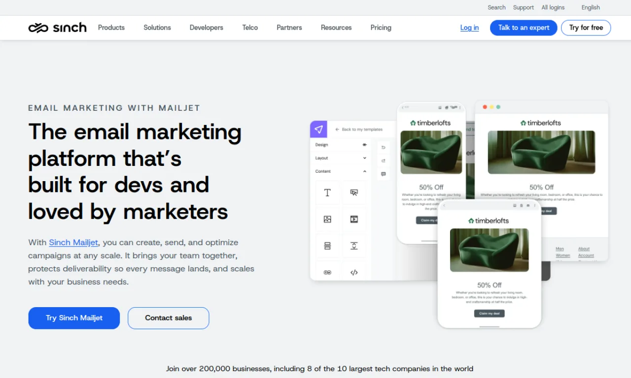 Screenshot of Mailjet (Sinch) website
