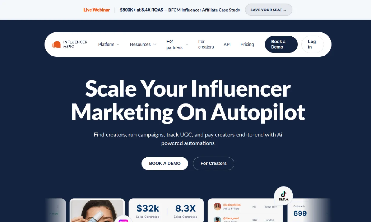Screenshot of Influencer Hero website