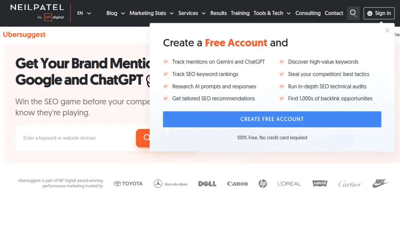 Screenshot of Ubersuggest website
