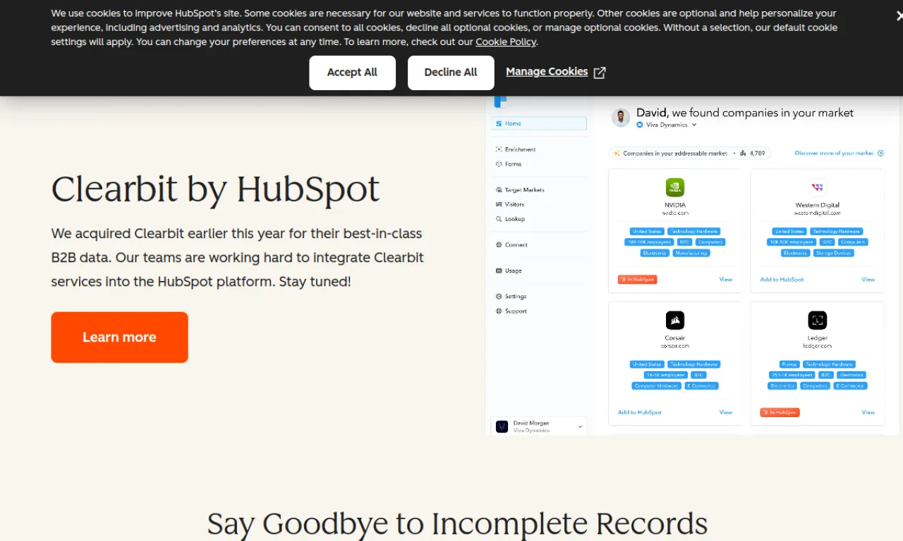 Screenshot of Clearbit Reveal (HubSpot) website