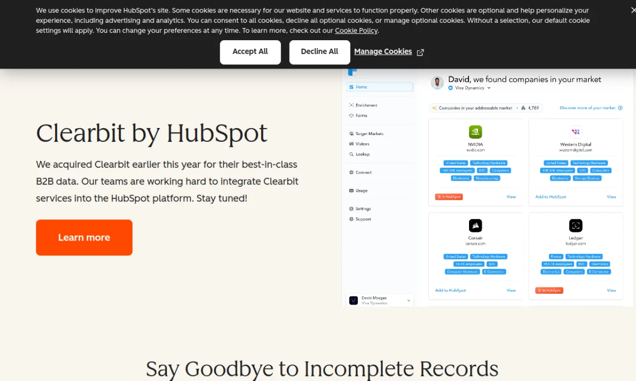Screenshot of Clearbit Reveal (HubSpot) website