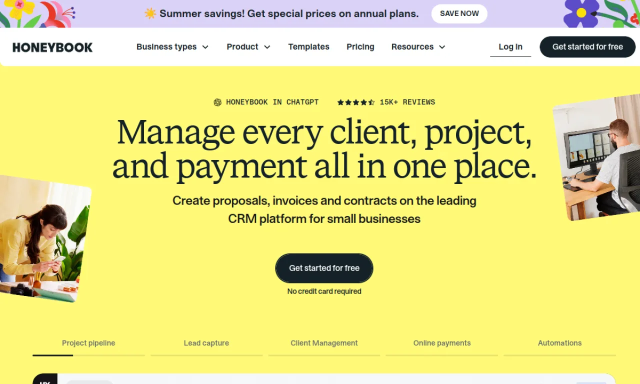 Screenshot of HoneyBook website