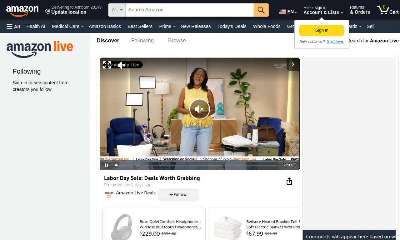 Screenshot of Amazon Live website