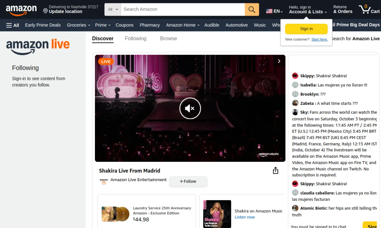 Screenshot of Amazon Live website