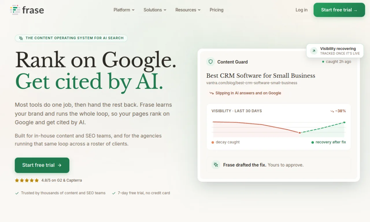 Screenshot of Frase website