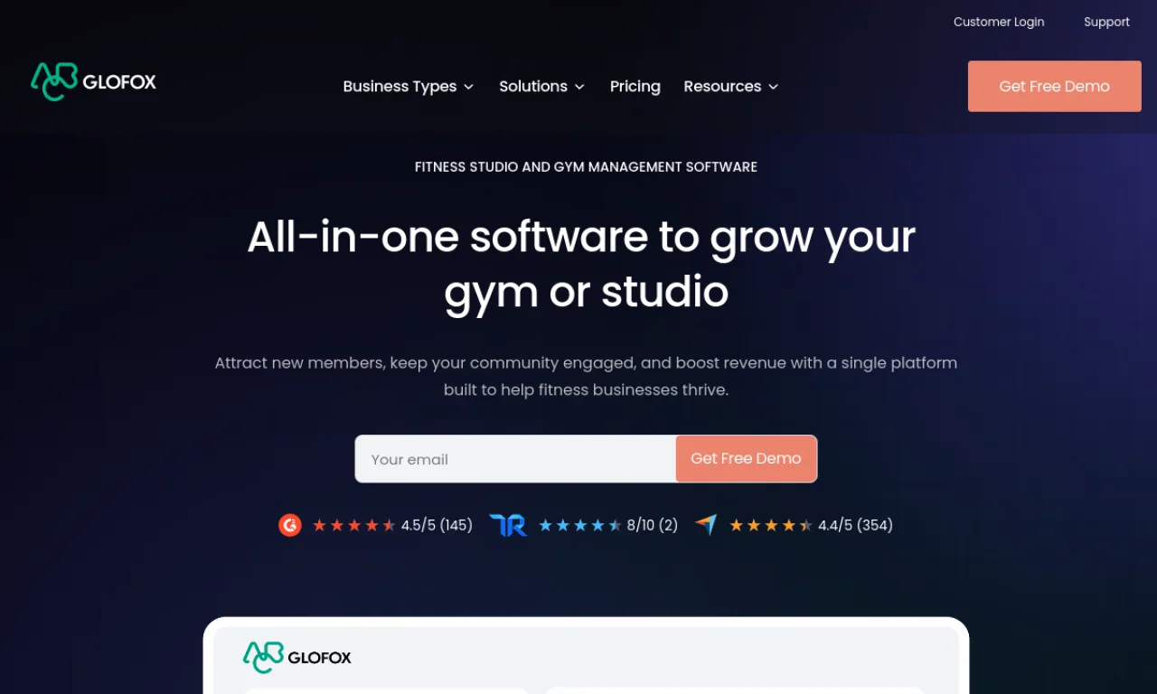 Screenshot of Glofox website