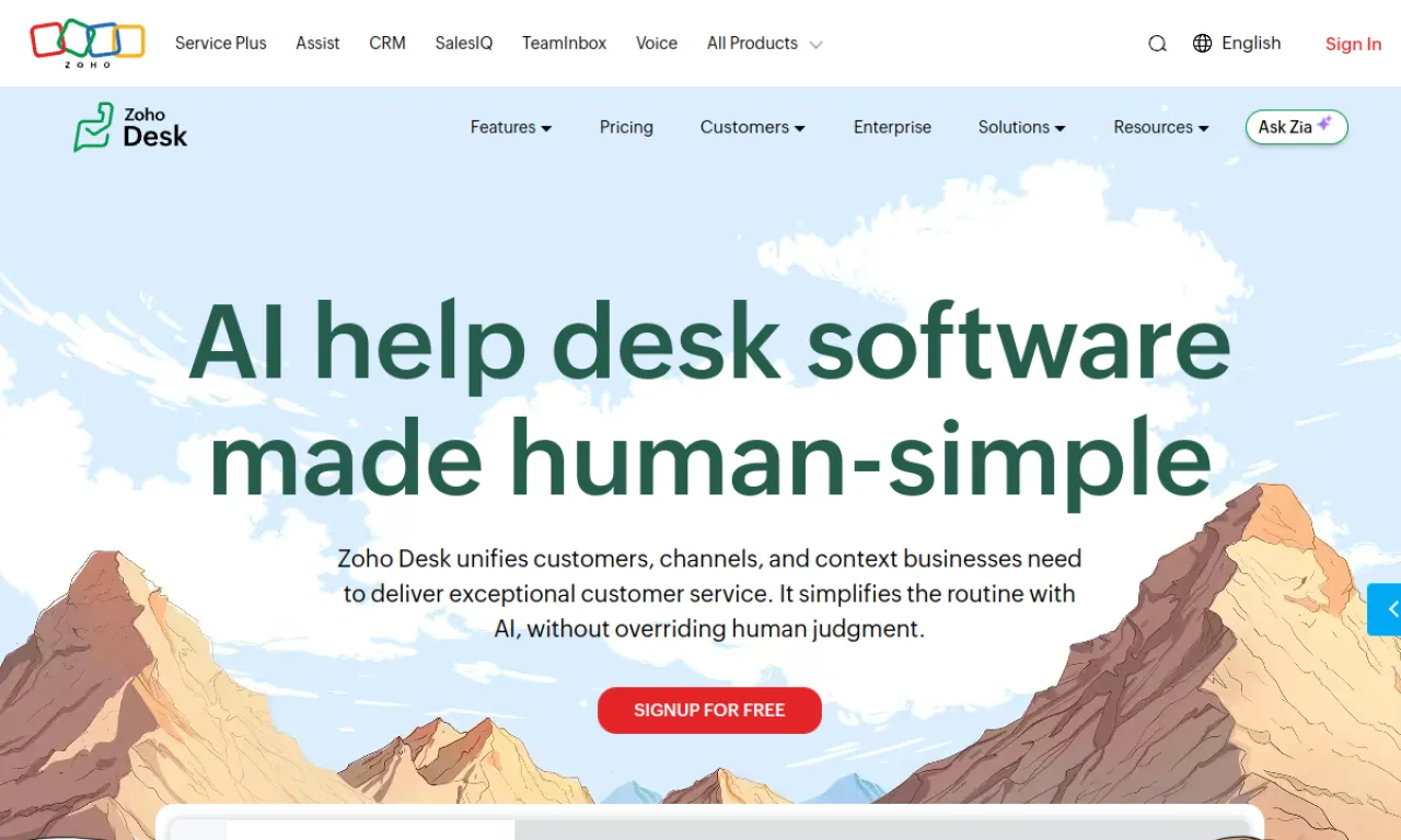 Screenshot of Zoho Desk website