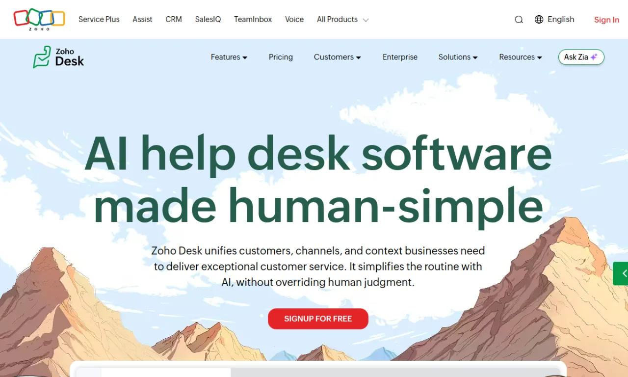 Screenshot of Zoho Desk website