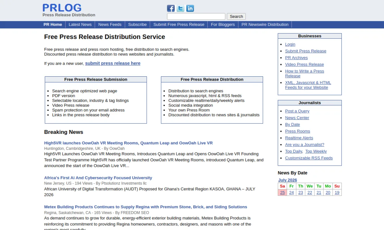Screenshot of PRLog website