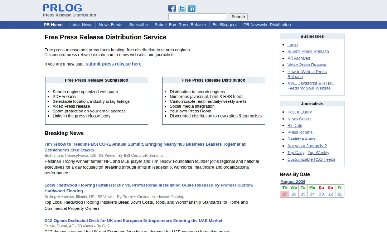 Screenshot of PRLog website