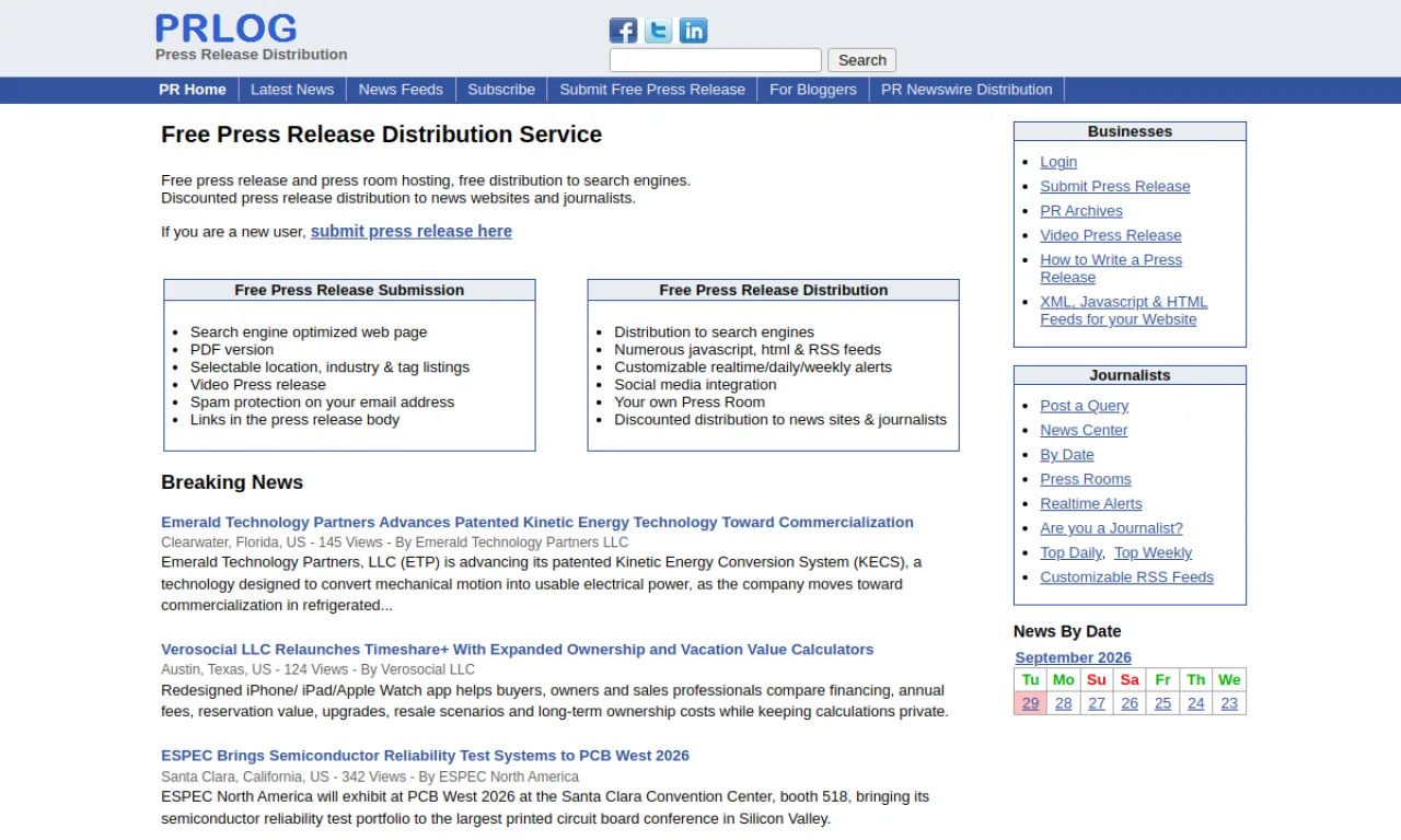 Screenshot of PRLog website