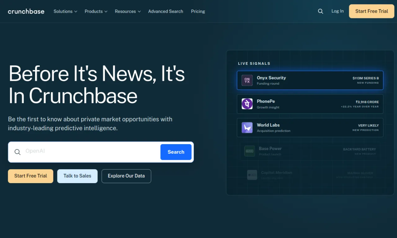 Screenshot of Crunchbase website